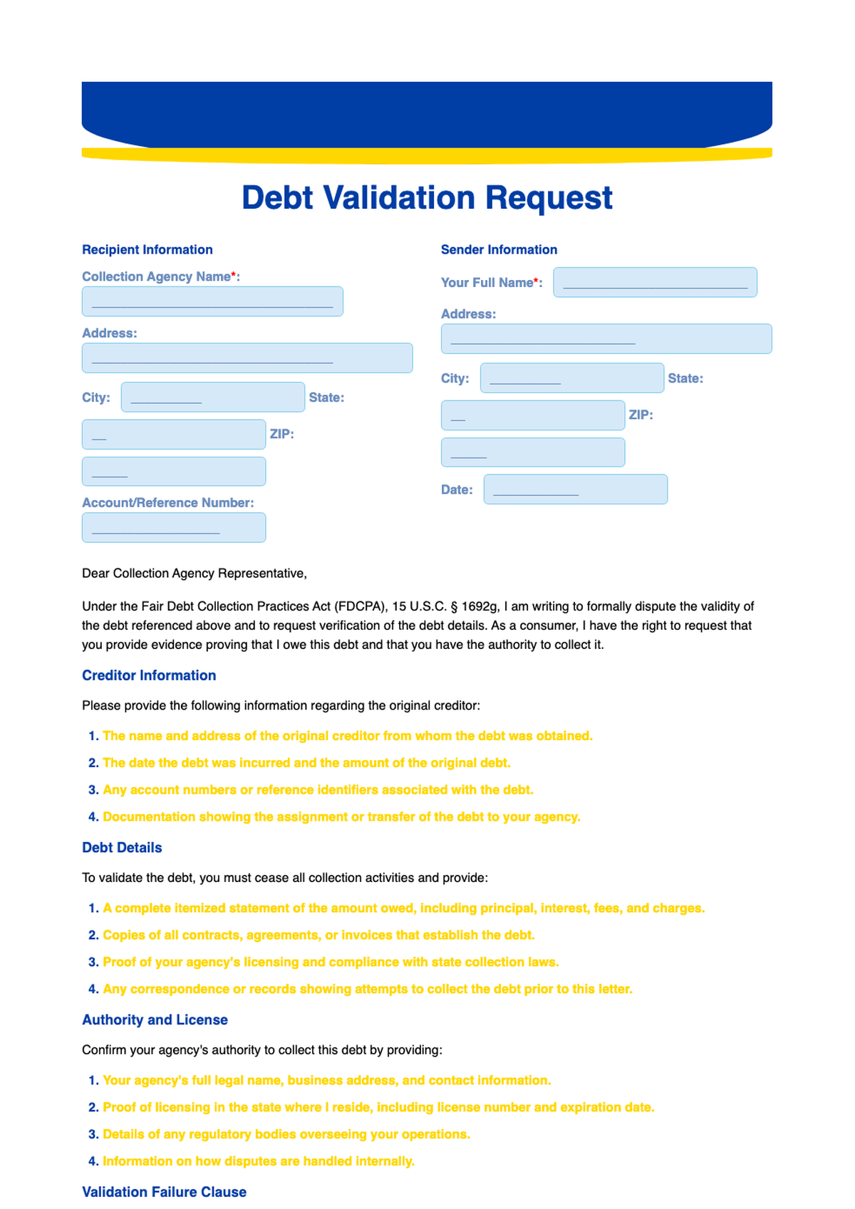 Debt Validation Letter Template with Fillable Fields and FDCPA Compliance Request_variant_2